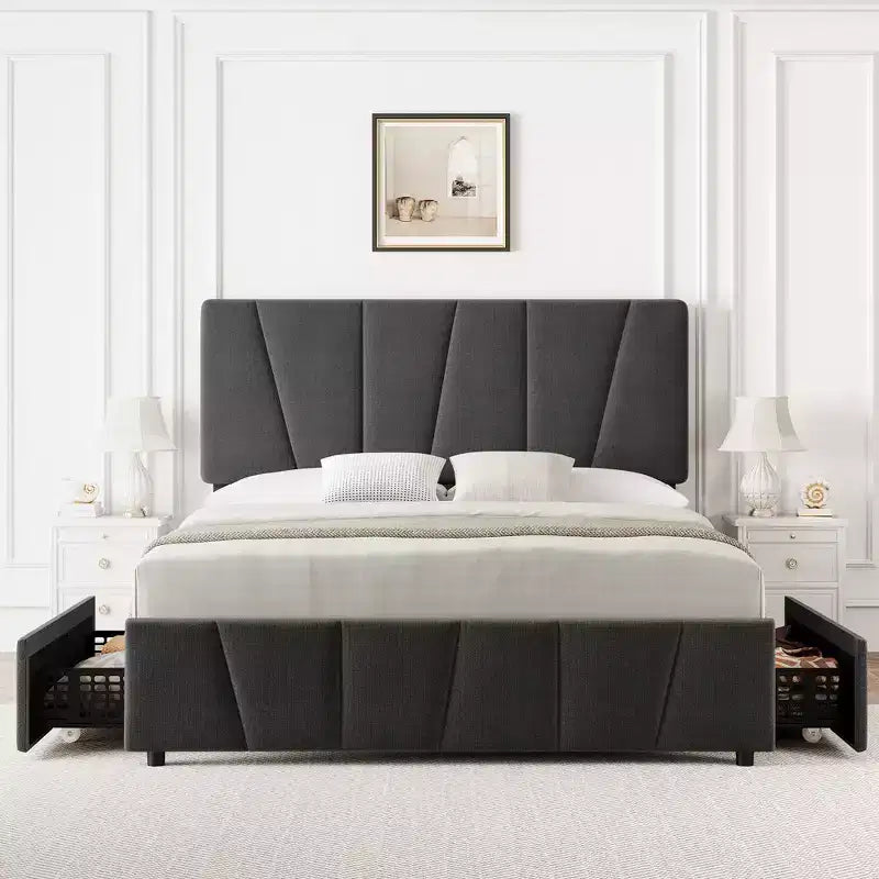 Upholstered Platform Bed Frame with Storage Drawers and Adjustable Headboard
