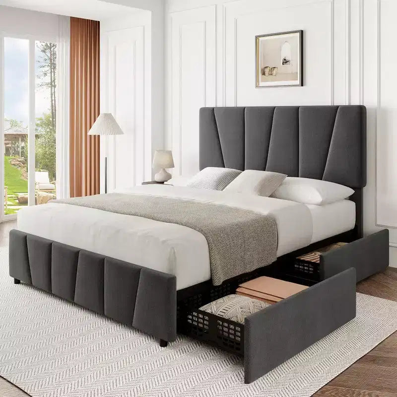 Upholstered Platform Bed Frame with Storage Drawers and Adjustable Headboard