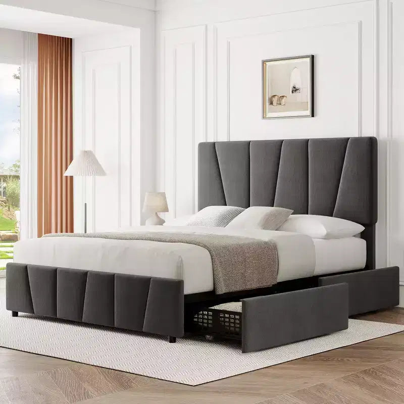 Upholstered Platform Bed Frame with Storage Drawers and Adjustable Headboard