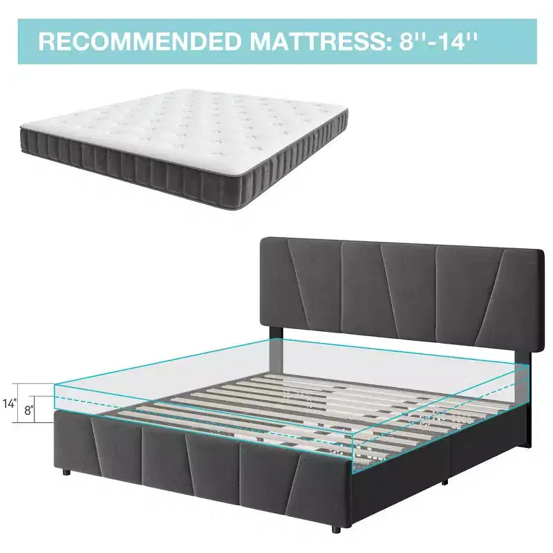 Upholstered Platform Bed Frame with Storage Drawers and Adjustable Headboard