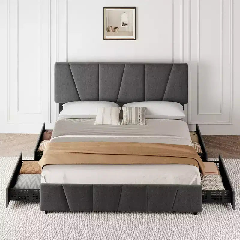 Upholstered Platform Bed Frame with Storage Drawers and Adjustable Headboard
