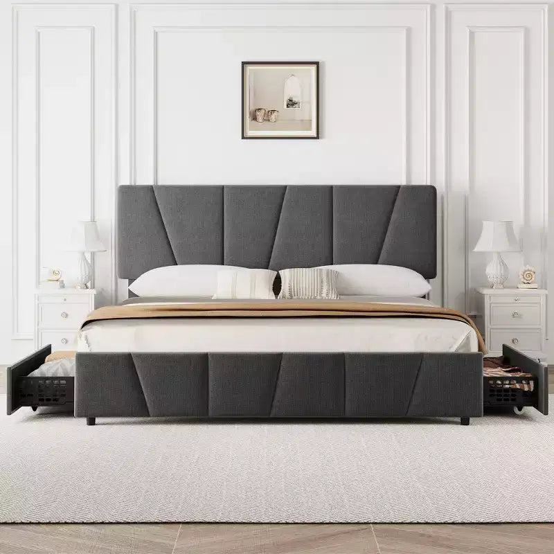 Upholstered Platform Bed Frame with Storage Drawers and Adjustable Headboard