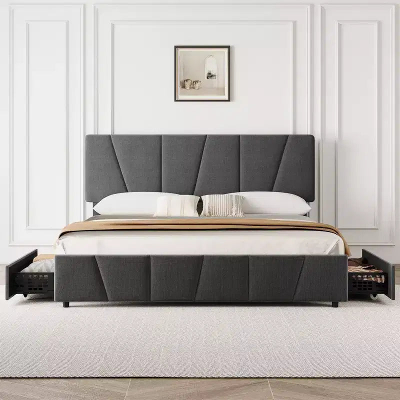 Upholstered Platform Bed Frame with Storage Drawers and Adjustable Headboard