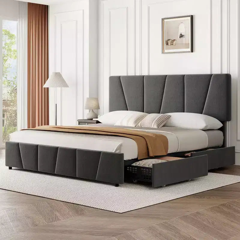 Upholstered Platform Bed Frame with Storage Drawers and Adjustable Headboard