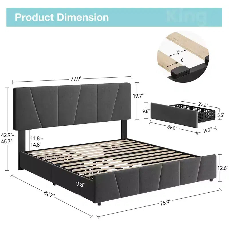 Upholstered Platform Bed Frame with Storage Drawers and Adjustable Headboard