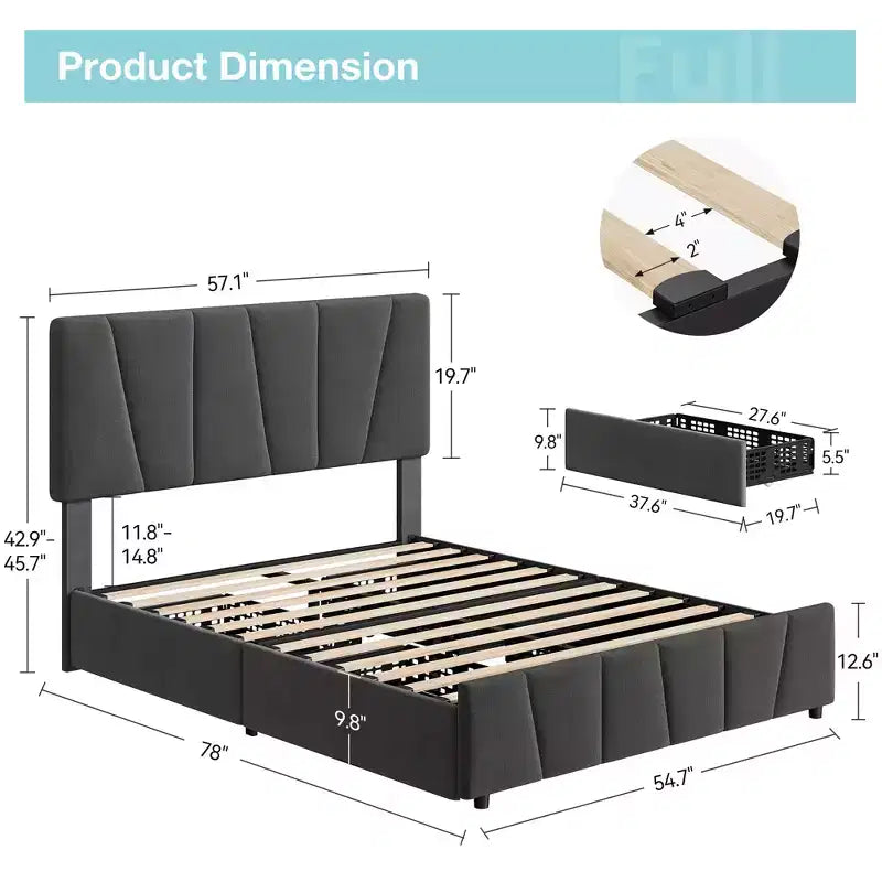 Upholstered Platform Bed Frame with Storage Drawers and Adjustable Headboard