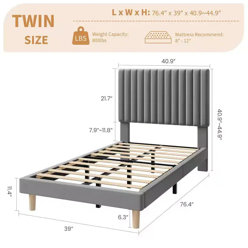 Upholstered Platform Bed Frame with Adjustable Headboard and Wooden Slats