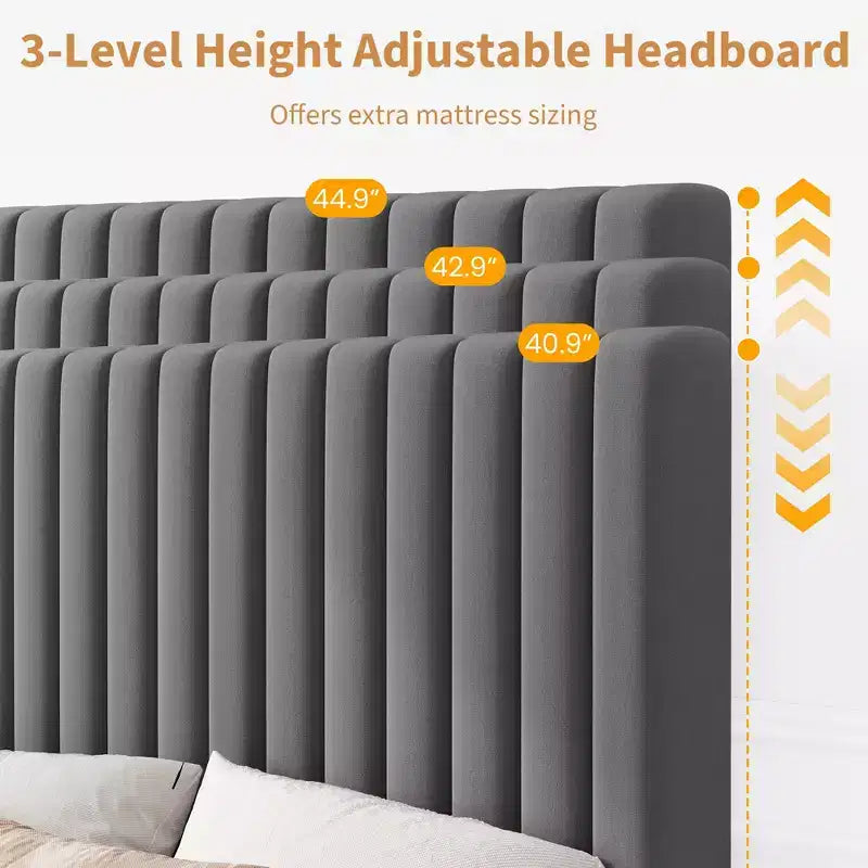 Upholstered Platform Bed Frame with Adjustable Headboard and Wooden Slats