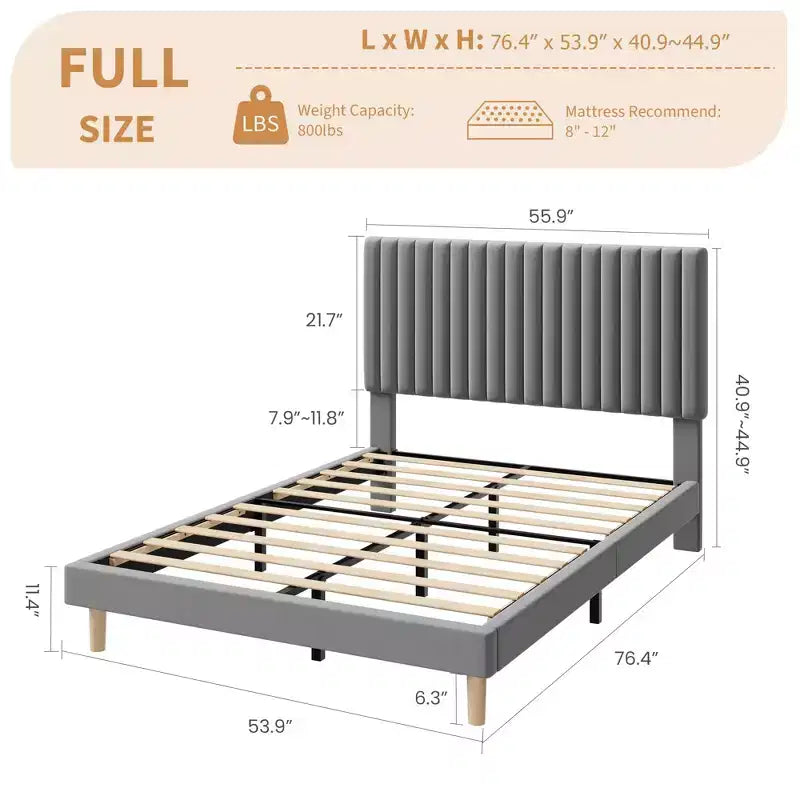 Upholstered Platform Bed Frame with Adjustable Headboard and Wooden Slats