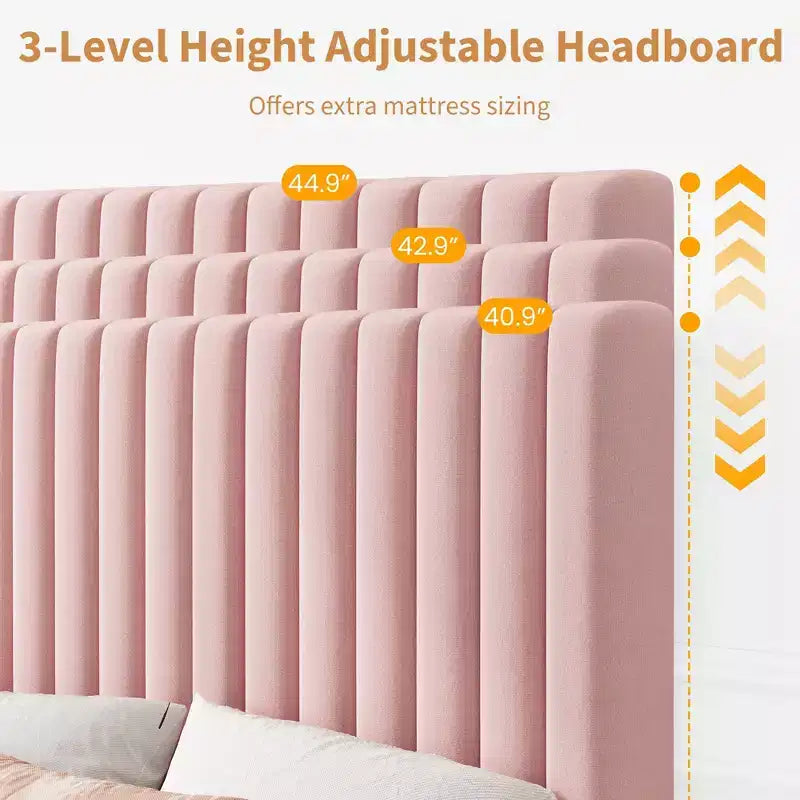 Upholstered Platform Bed Frame with Adjustable Headboard and Wooden Slats