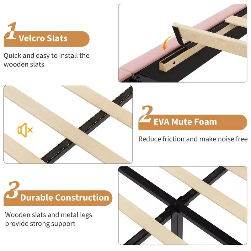 Upholstered Platform Bed Frame with Adjustable Headboard and Wooden Slats