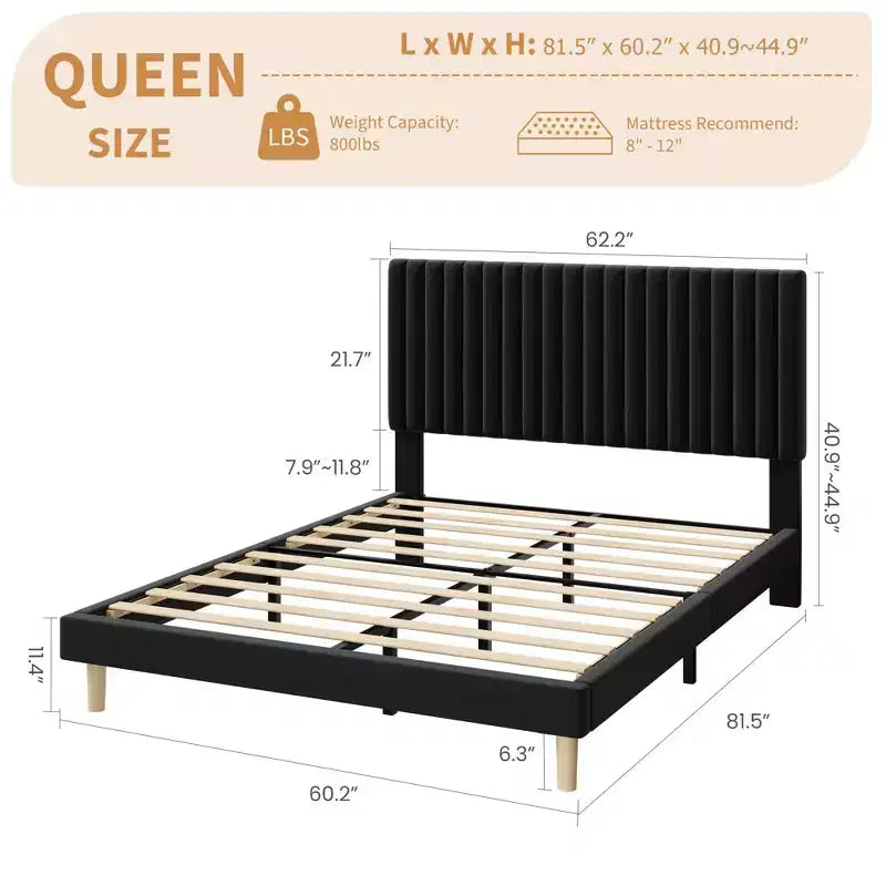Upholstered Platform Bed Frame with Adjustable Headboard and Wooden Slats
