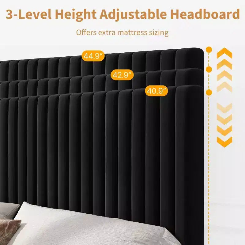 Upholstered Platform Bed Frame with Adjustable Headboard and Wooden Slats
