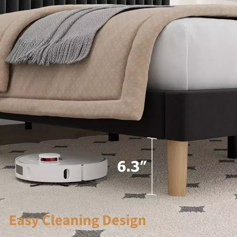 Upholstered Platform Bed Frame with Adjustable Headboard and Wooden Slats