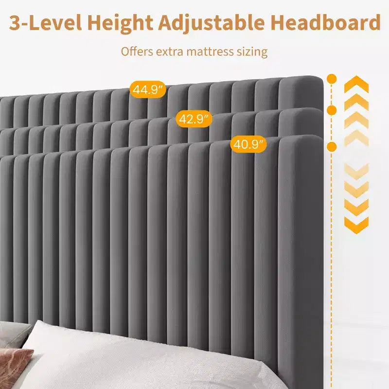 Upholstered Platform Bed Frame with Adjustable Headboard and Wooden Slats