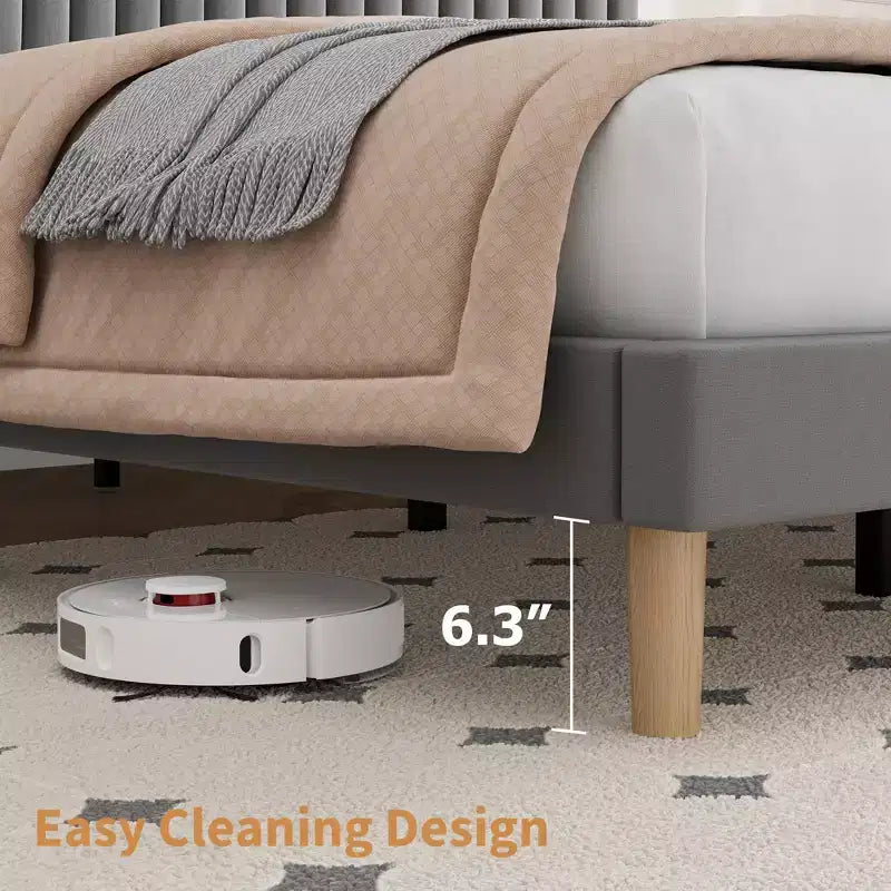 Upholstered Platform Bed Frame with Adjustable Headboard and Wooden Slats