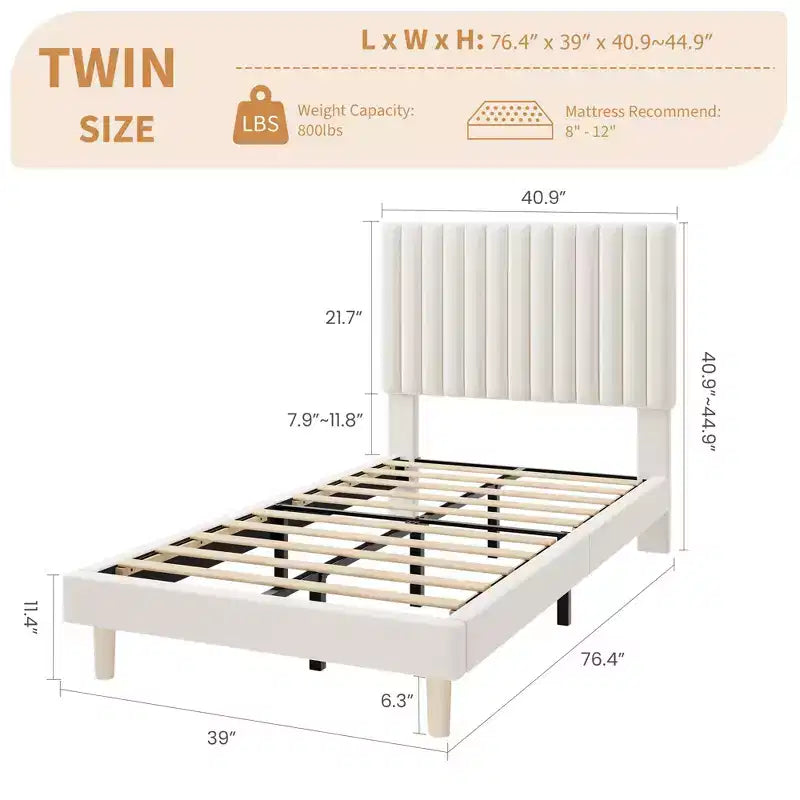 Upholstered Platform Bed Frame with Adjustable Headboard and Wooden Slats