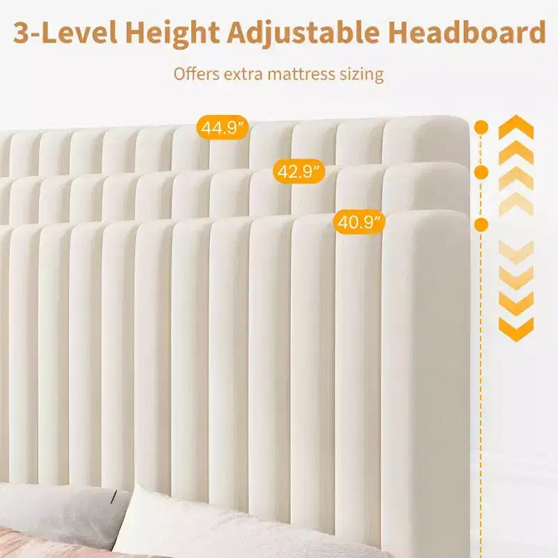 Upholstered Platform Bed Frame with Adjustable Headboard and Wooden Slats