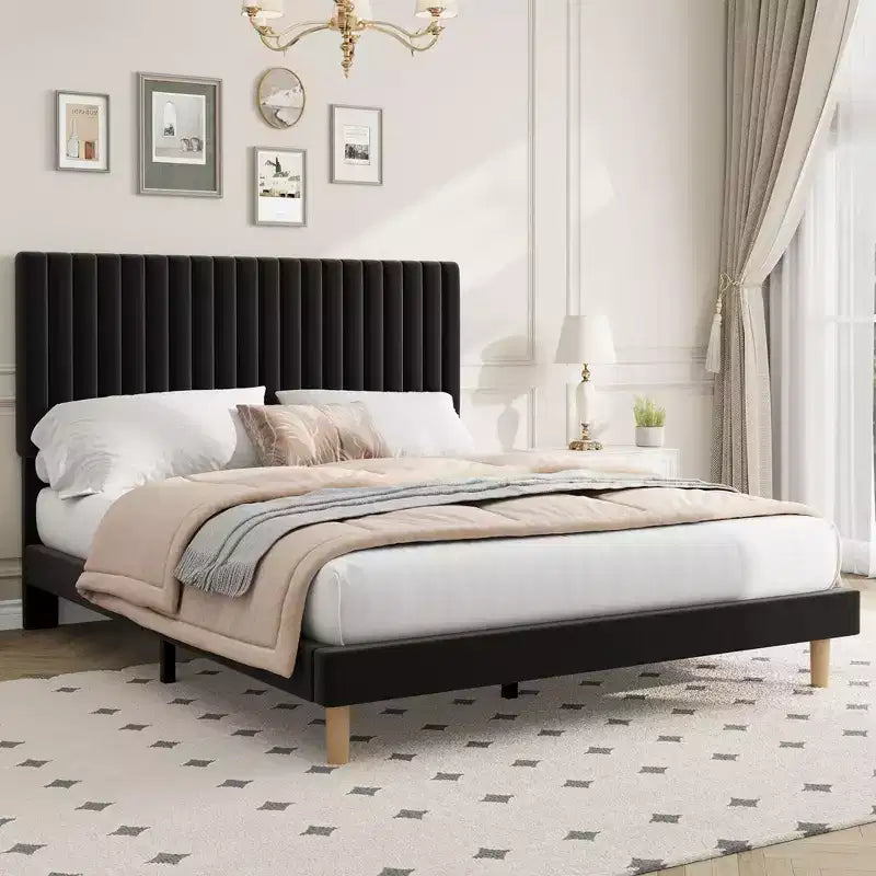 Upholstered Platform Bed Frame with Adjustable Headboard and Wooden Slats
