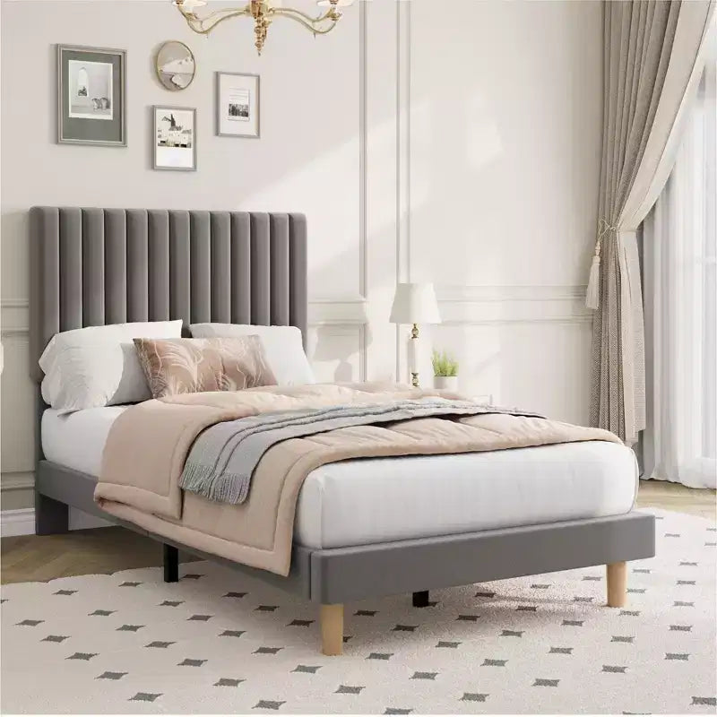 Upholstered Platform Bed Frame with Adjustable Headboard and Wooden Slats