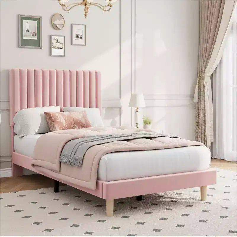Upholstered Platform Bed Frame with Adjustable Headboard and Wooden Slats