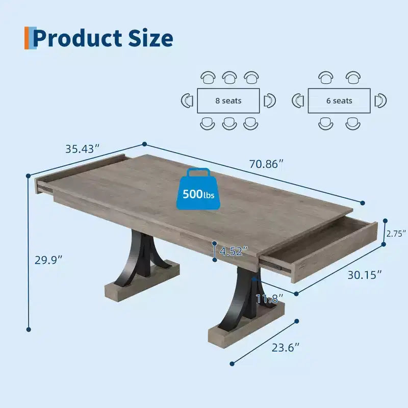 71-Inch Rectangular Dining Table with Storage Drawers and Metal Frame