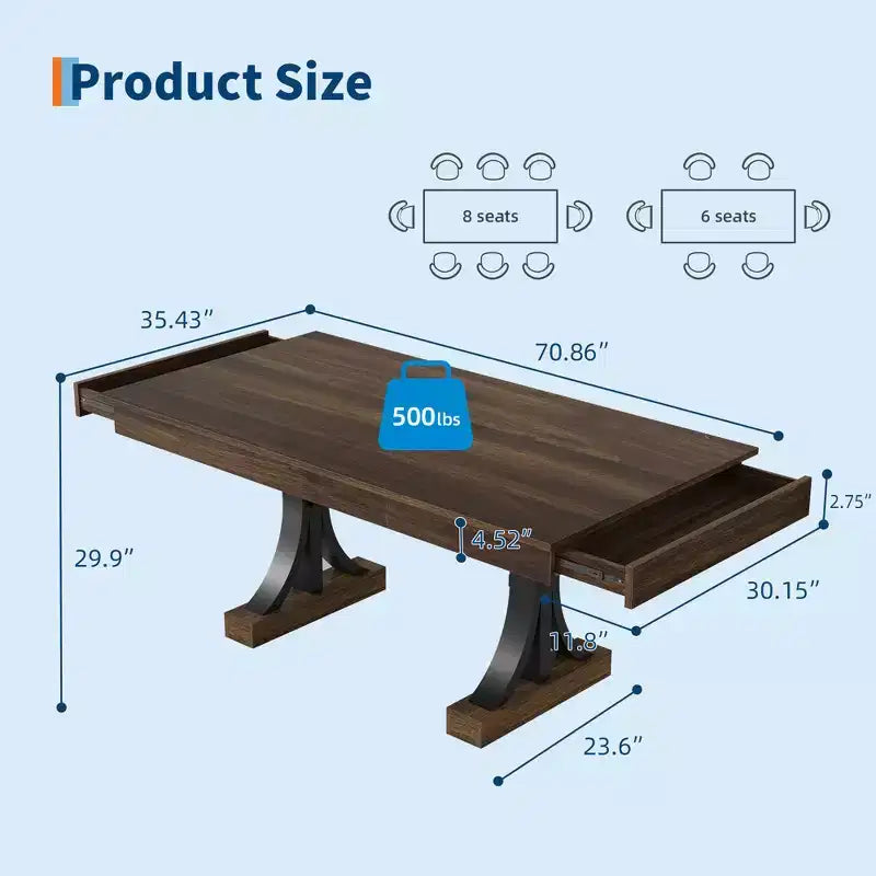 71-Inch Rectangular Dining Table with Storage Drawers and Metal Frame