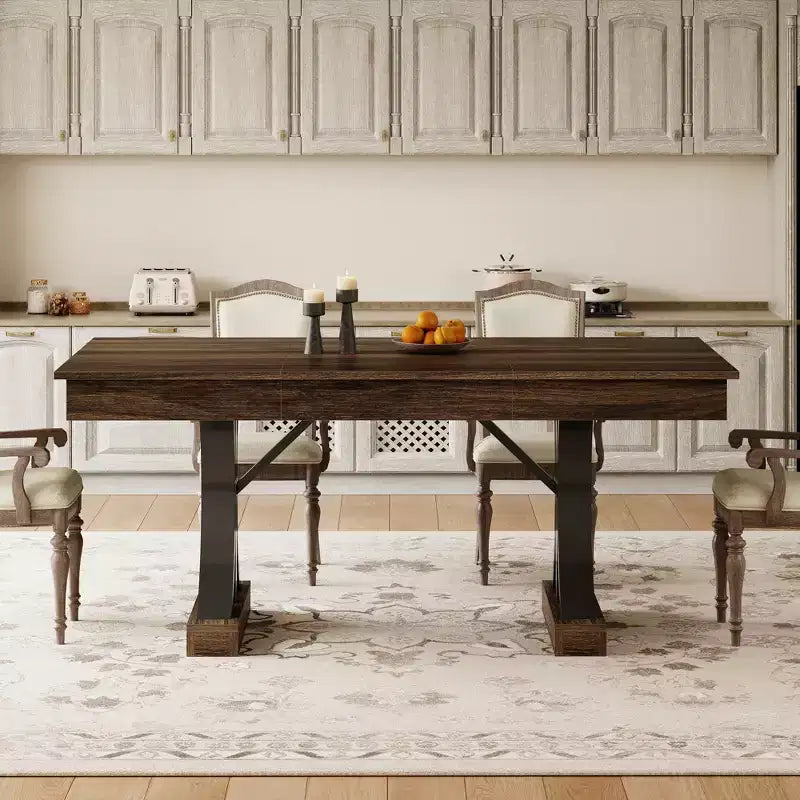 71-Inch Rectangular Dining Table with Storage Drawers and Metal Frame