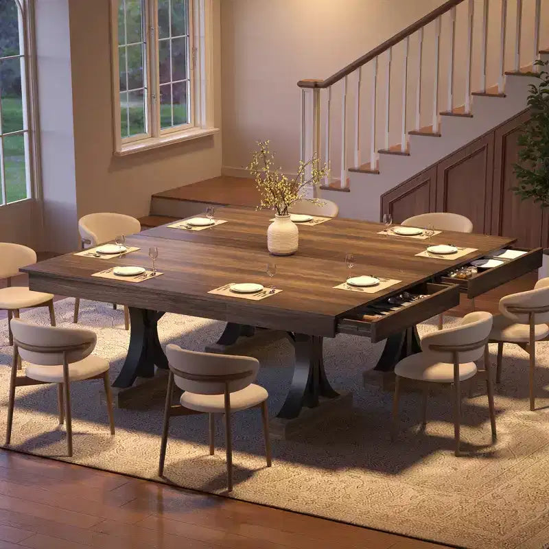 71-Inch Rectangular Dining Table with Storage Drawers and Metal Frame