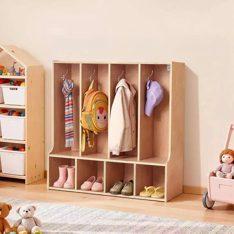 4-Section Kids Coat Locker with 8 Hooks, Bottom Cubbies and Top Shelf, Wood Color