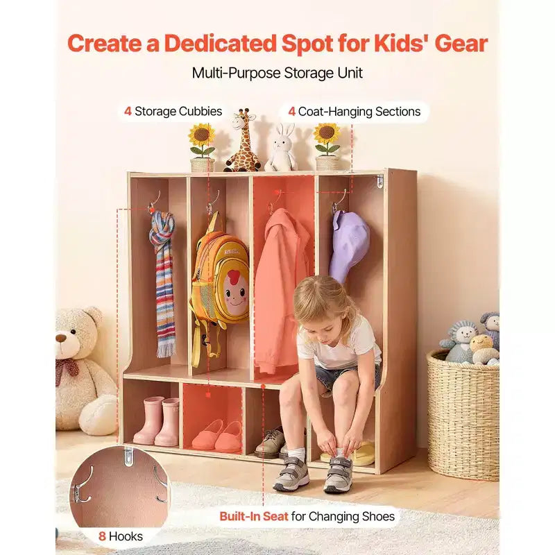 4-Section Kids Coat Locker with 8 Hooks, Bottom Cubbies and Top Shelf, Wood Color