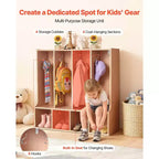 4-Section Kids Coat Locker with 8 Hooks, Bottom Cubbies and Top Shelf, Wood Color