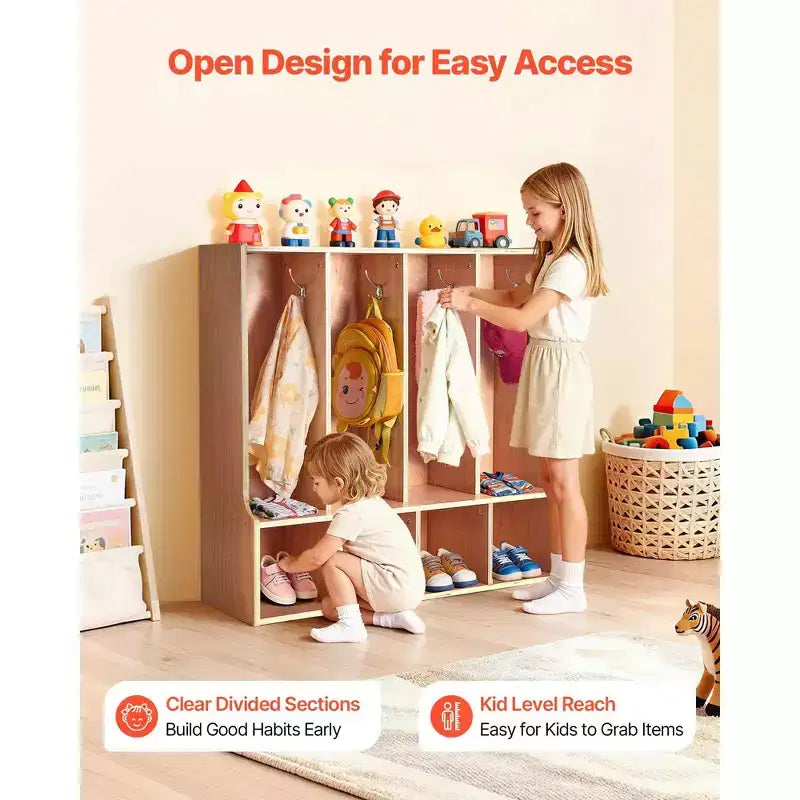 4-Section Kids Coat Locker with 8 Hooks, Bottom Cubbies and Top Shelf, Wood Color