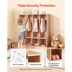 4-Section Kids Coat Locker with 8 Hooks, Bottom Cubbies and Top Shelf, Wood Color