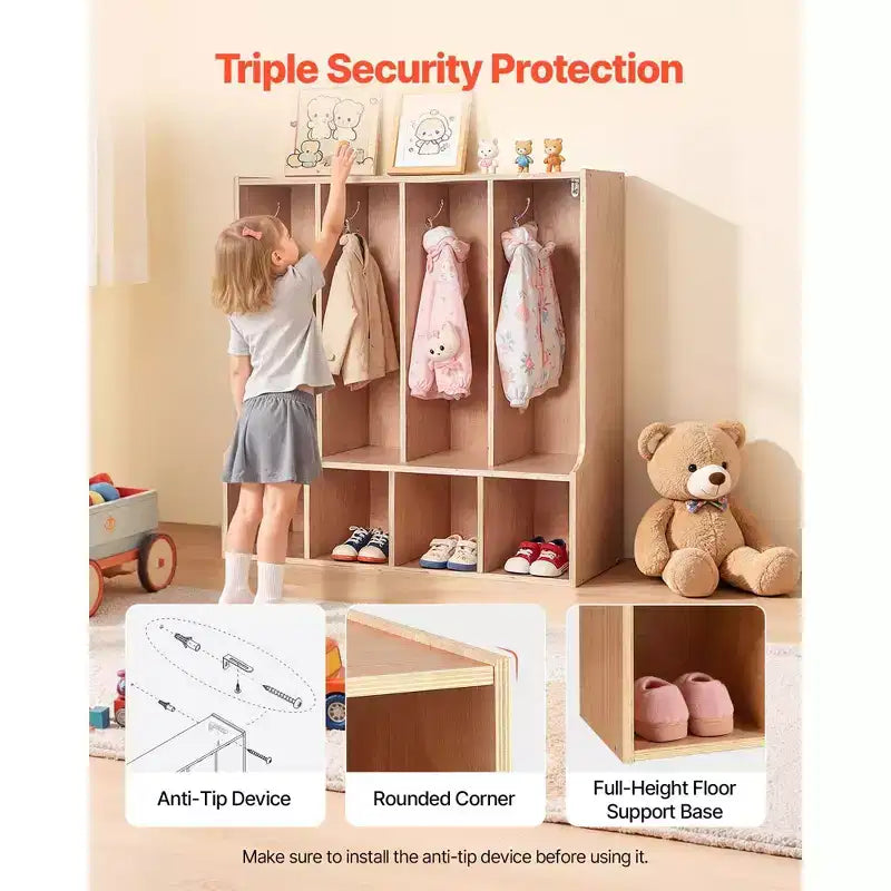 4-Section Kids Coat Locker with 8 Hooks, Bottom Cubbies and Top Shelf, Wood Color