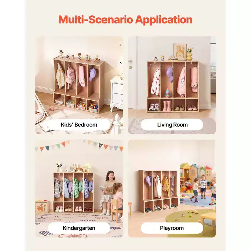 4-Section Kids Coat Locker with 8 Hooks, Bottom Cubbies and Top Shelf, Wood Color
