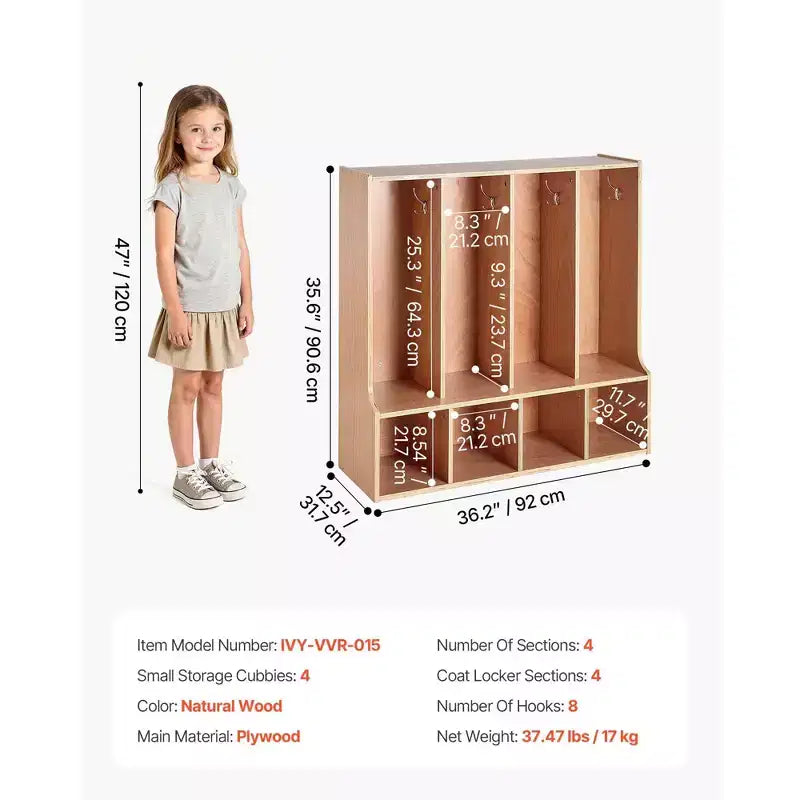 4-Section Kids Coat Locker with 8 Hooks, Bottom Cubbies and Top Shelf, Wood Color