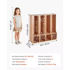 4-Section Kids Coat Locker with 8 Hooks, Bottom Cubbies and Top Shelf, Wood Color