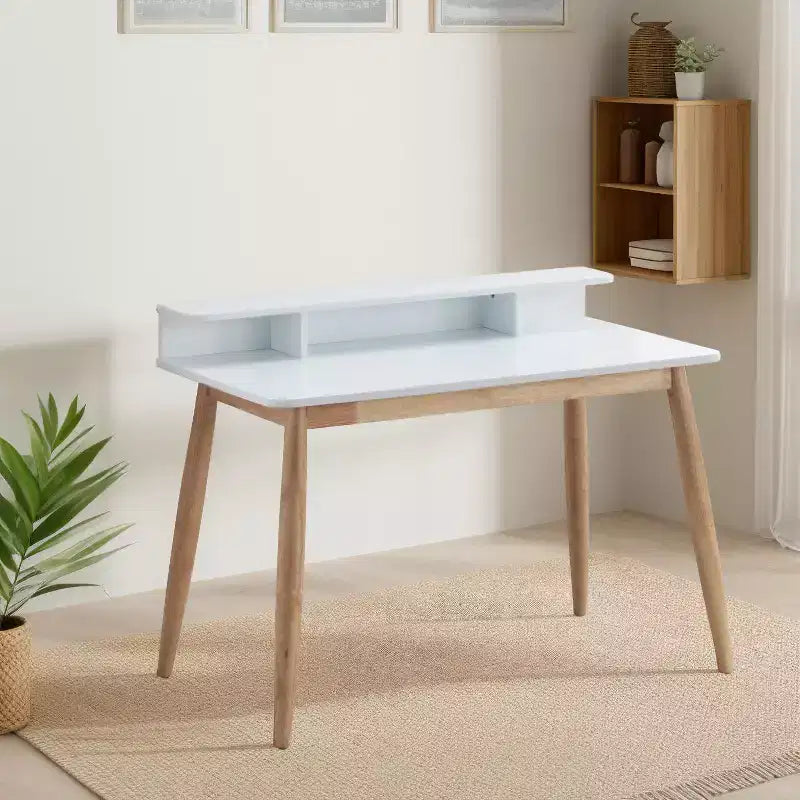 Mid-Century Modern Wood Writing Desk with Hutch and Open Shelves