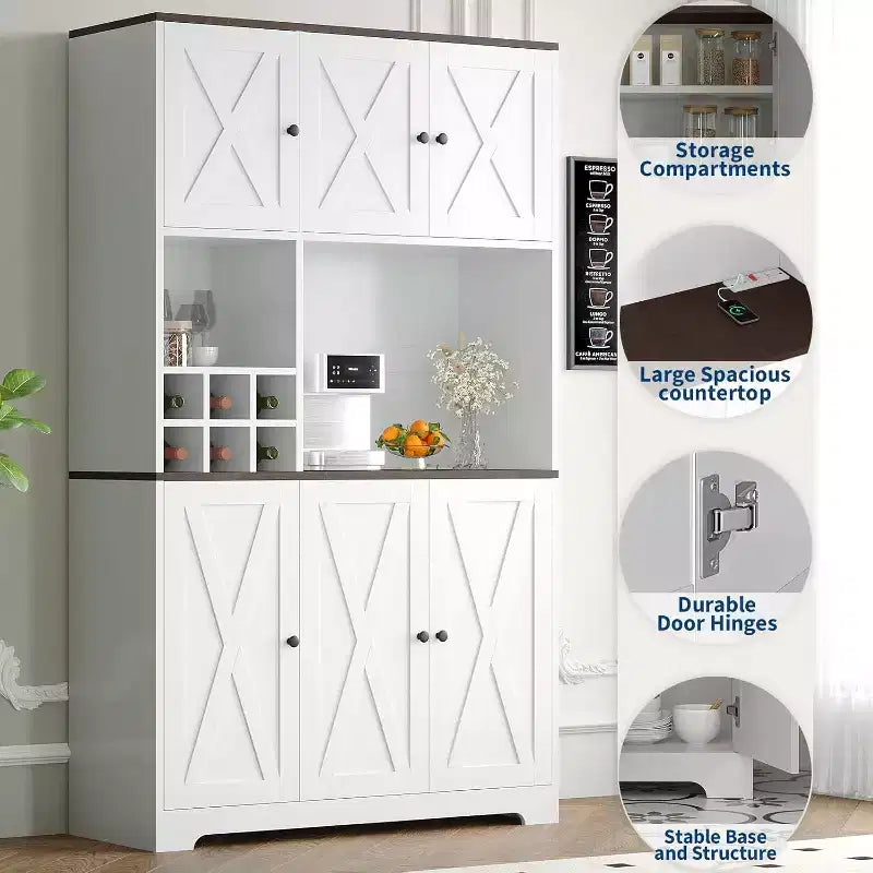 71-Inch Freestanding Kitchen Pantry Cabinet with Wine Rack and Open Shelves