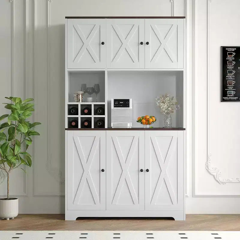 71-Inch Freestanding Kitchen Pantry Cabinet with Wine Rack and Open Shelves