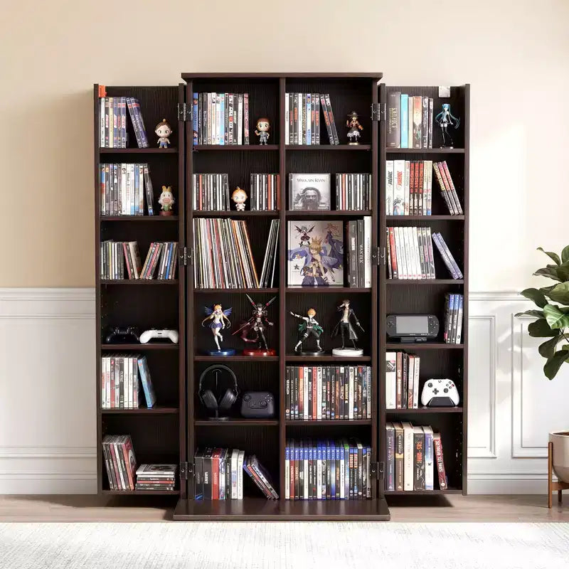 6-Tier Media Storage Cabinet with Doors – DVD, CD, Book and Game Organizer, Brown