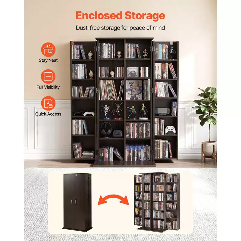 6-Tier Media Storage Cabinet with Doors – DVD, CD, Book and Game Organizer, Brown