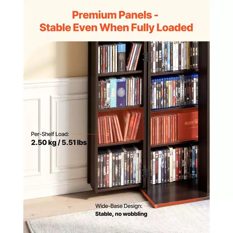 6-Tier Media Storage Cabinet with Doors – DVD, CD, Book and Game Organizer, Brown