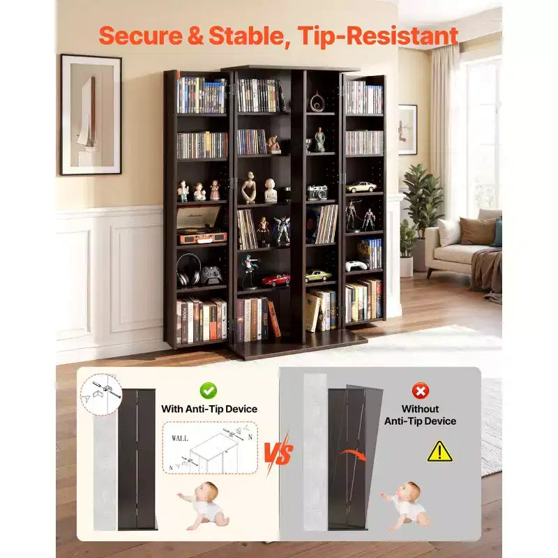 6-Tier Media Storage Cabinet with Doors – DVD, CD, Book and Game Organizer, Brown