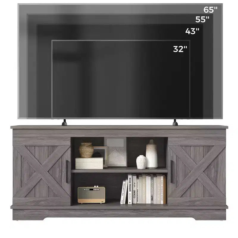 58" Modern Farmhouse TV Stand for TVs up to 65" - Natural Grey, 200 lbs Capacity, Adjustable Storage Shelves