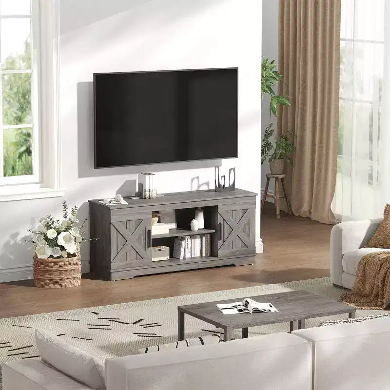 58" Modern Farmhouse TV Stand for TVs up to 65" - Natural Grey, 200 lbs Capacity, Adjustable Storage Shelves
