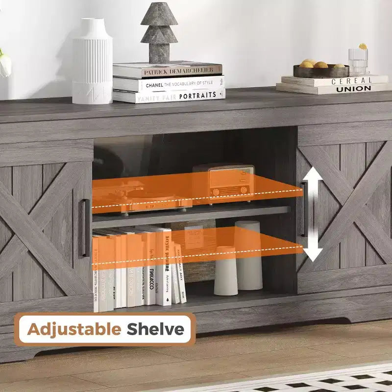 58" Modern Farmhouse TV Stand for TVs up to 65" - Natural Grey, 200 lbs Capacity, Adjustable Storage Shelves