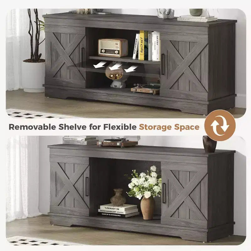 58" Modern Farmhouse TV Stand for TVs up to 65" - Natural Grey, 200 lbs Capacity, Adjustable Storage Shelves