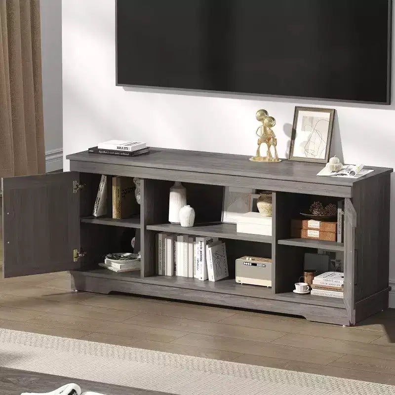 58" Modern Farmhouse TV Stand for TVs up to 65" - Natural Grey, 200 lbs Capacity, Adjustable Storage Shelves